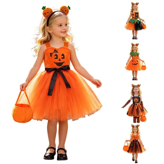3PCS Pumpkin Halloween Dresses Kids Girls Princess Birthday Party Dress up Outfit with Headband Bags Set 2T