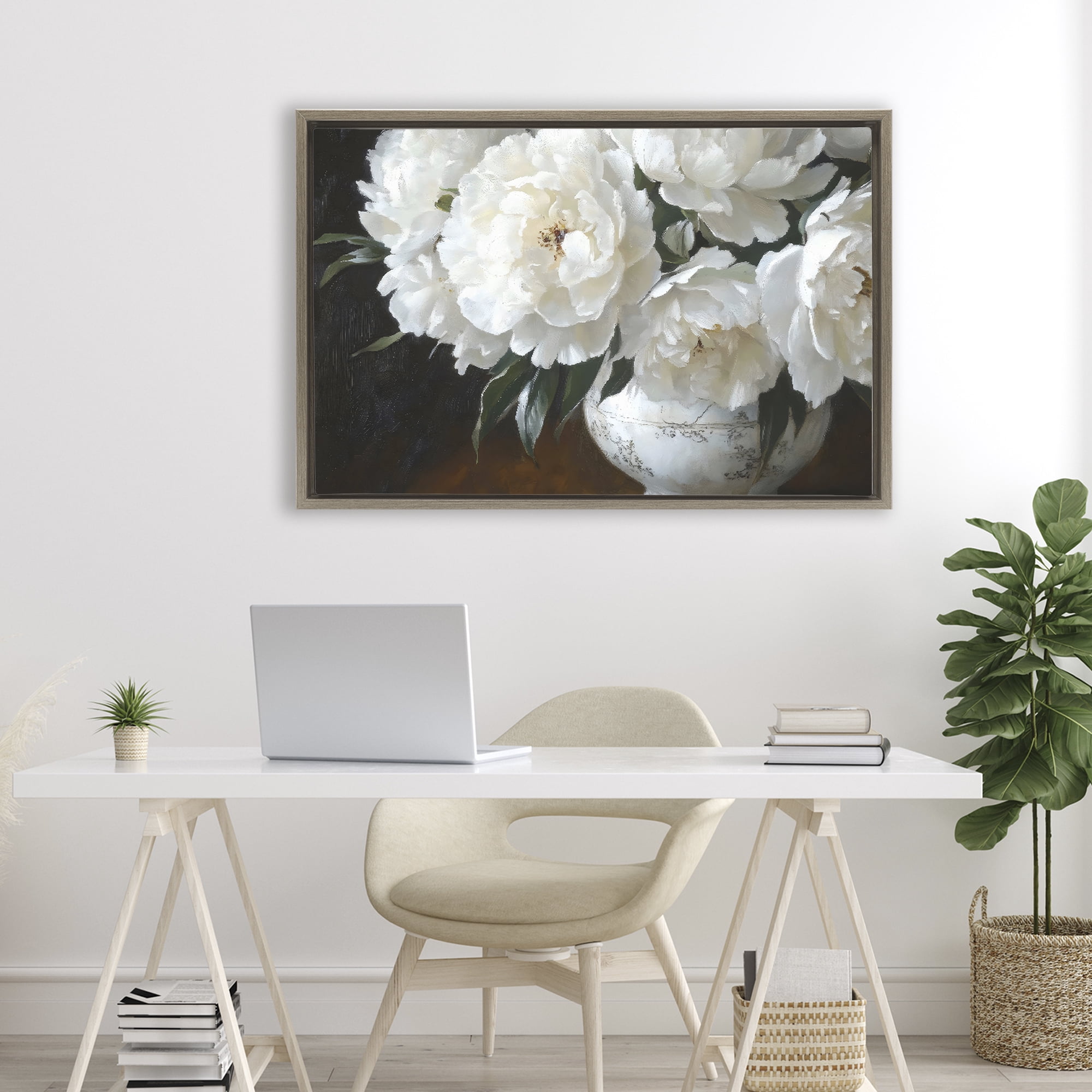Stupell Industries White Flowers in Vintage Vase Brown Framed Floater Canvas Wall Art, design by Petal Prints Design
