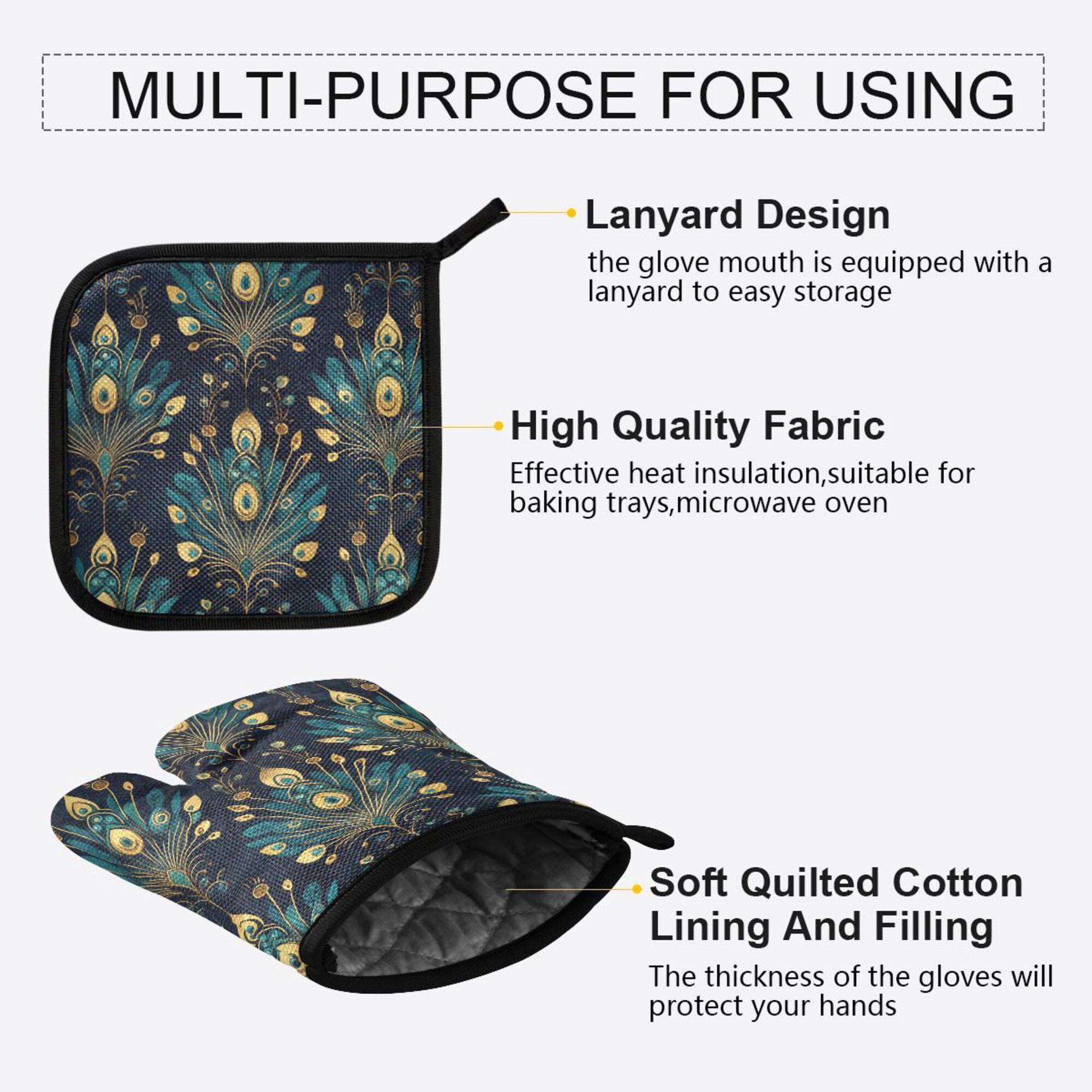 Yayeee Oven Mitts and Pot Holder Set of 4 Heat Resistant Kitchen Gloves Baking Hot Pad, Gold Peacock Pattern