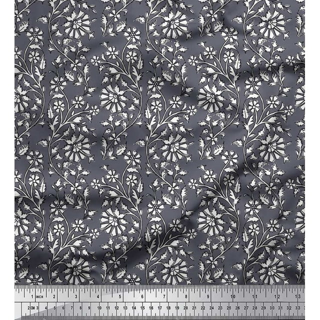 Soimoi Poly Georgette Fabric Leaves & Floral Block Printed Fabric 1 Yard 42 Inch Wide