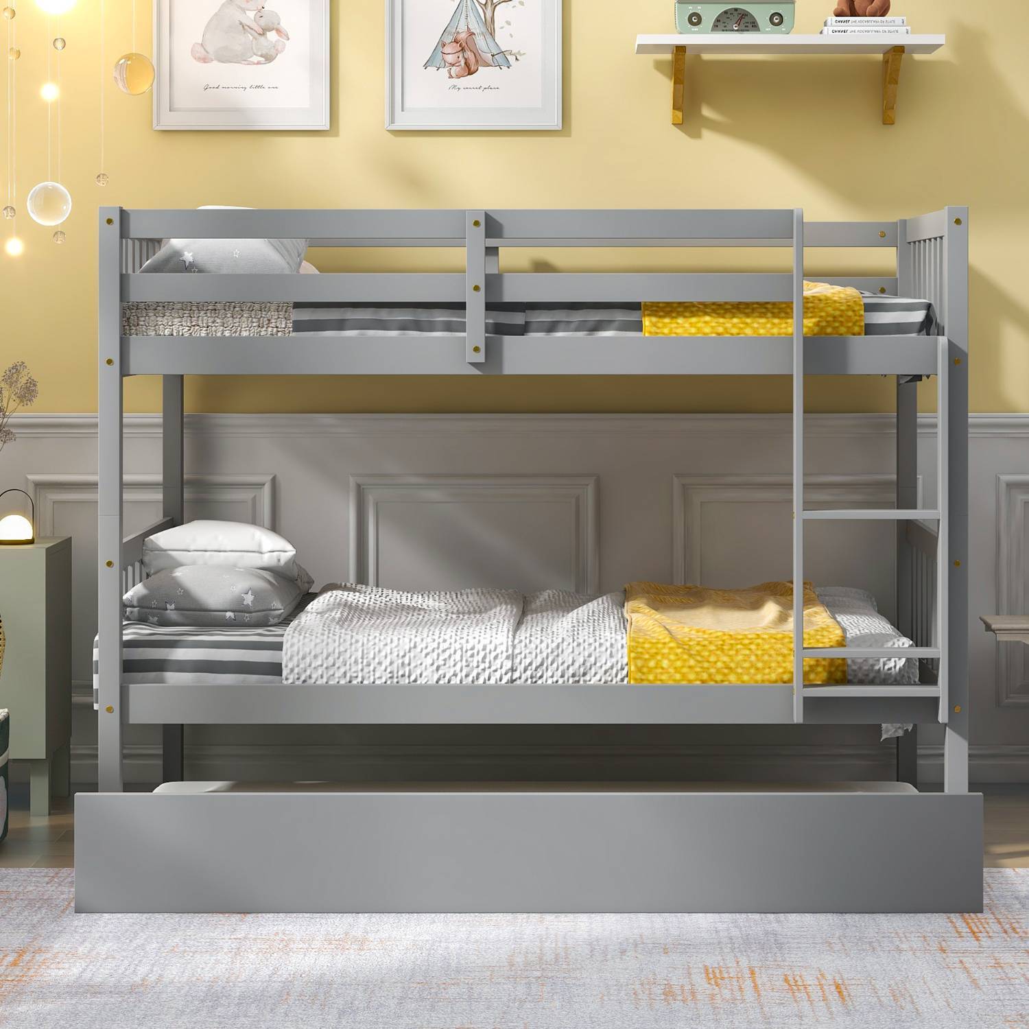 Twin Over Twin Bunk Bed with Trundle, Solid Pine Wood Bed Frame with Safety Rail and Ladder for Kids/Teens Bedroom, Convertible Bunk Bed for 3 People, No Box Spring Needed, Gray