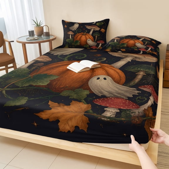 Twin XL Size Fitted Sheet Set - Halloween 2 Piece Bedding Sets 16" Deep Pocket Fitted Sheet with 1 Pillowcases, Fall Ghost Orange Pumpkin Mushroom Leaves Brushed Microfiber Hotel Luxury Bed Sheets