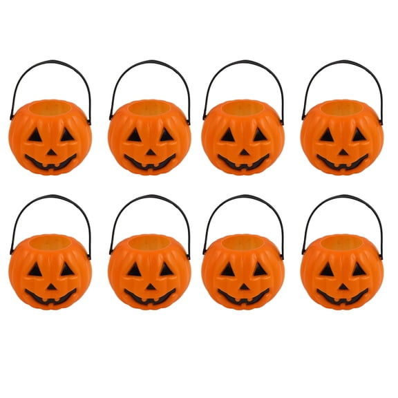 8-Pack Plastic Pumpkin Candy Buckets – Halloween Trick-or-Treat Pails for Kids, Orange Party Decorations, Durable Candy Holders for Halloween Festivities