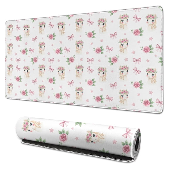 31.5x15.7 Inch Gaming Mouse Pad, Non-Slip Stitched Rubber Desk Mat for Desktop & Laptop,Deer Floral Rose White Pattern