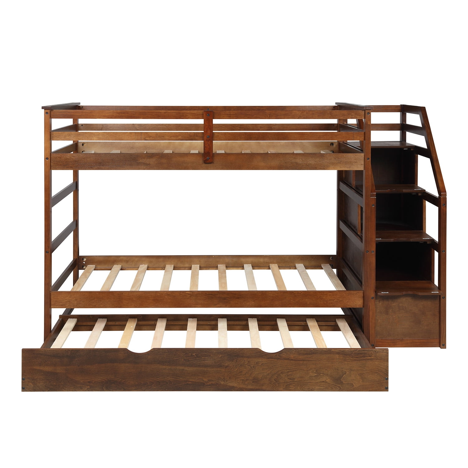 Twin-Over-Twin Bunk Bedd with Twin Size Trundle and 3 Storage Stairs-Walnut