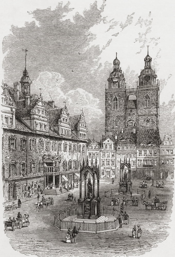 Market Place Lutherstadt Wittenberg Germany With The Martin Luther And Melanchthon Statues In The 19Th Century From Pictures From The German Fatherland Published C1880 Canvas Art - Ken Welsh Design P