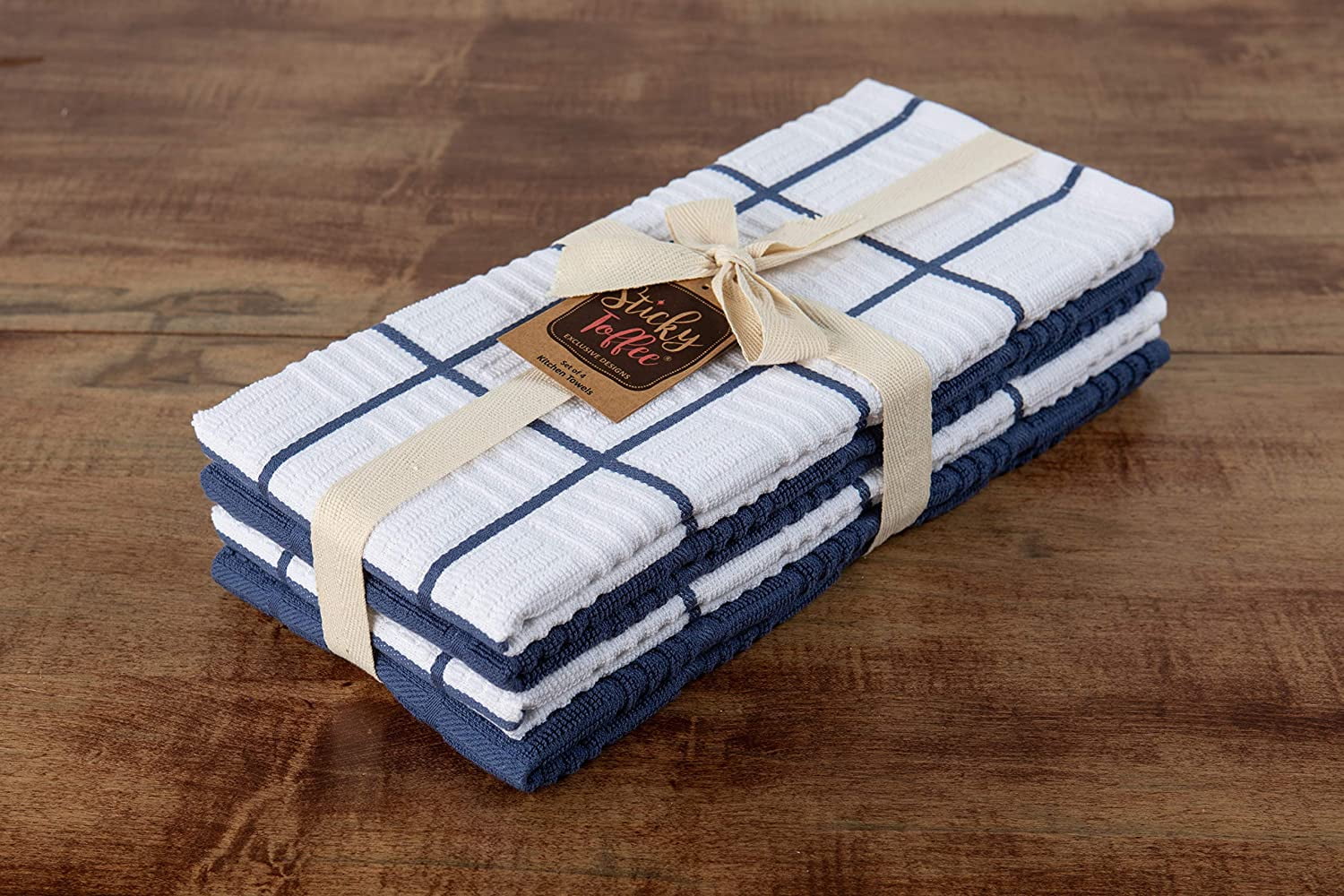 FRKSMD-Cotton Kitchen Towels Set of 4, Dark Blue and White, 28 x 16 in, Absorbent Reusable Tea and Hand Towels, Kitchen Cleaning Cloths