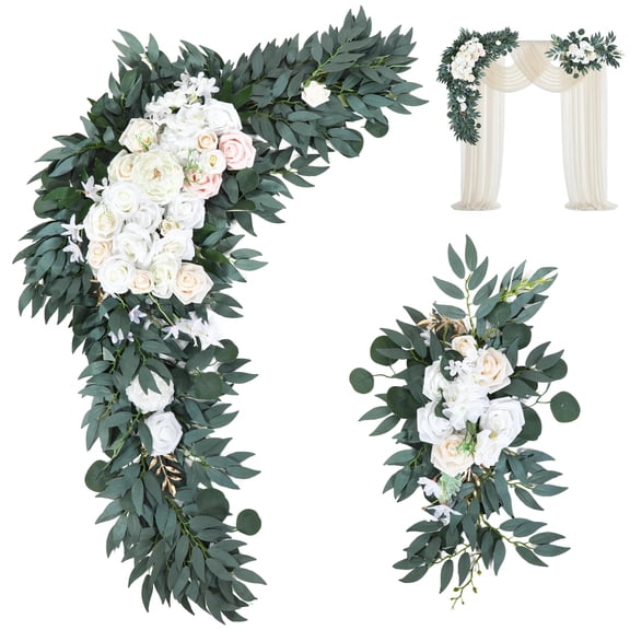 Wedding Arch Floral Swag Set of 2, Artificial Flowers with White Roses and Eucalyptus Greenery, Silk Floral Arrangements for Wedding Ceremony Backdrop, Reception Arch Decor
