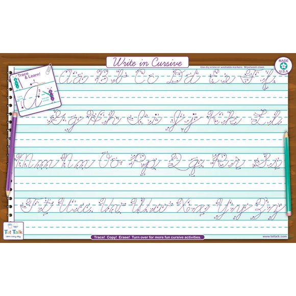 Tot Talk Mantel Individual Educativo De Escritura Cursiva Para Niños – Hecho En Estados Unidos – Mantel Individual Duradero De Doble Cara Interactivo Para Práctica De Escritura Cursiva – Impermeable S