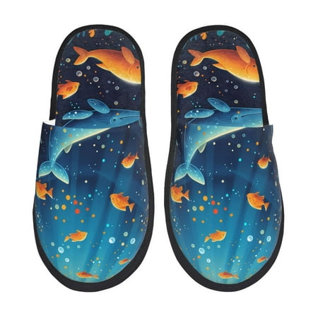 

Honeii Whimsical Underwater Fantasy Print Furry Slippers Bedroom Slippers for Women and Men Fuzzy Plush Comfy Faux Fur Lined Slide Shoes -Medium