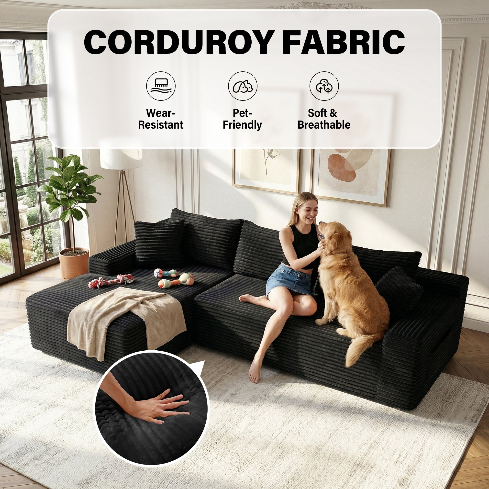 Aukfa 96" L-Shaped Cloud Sectional Sofa, Modular Boneless Couch with Deep Seat&Left-Facing Chaise for Living Room, Corduroy, Black