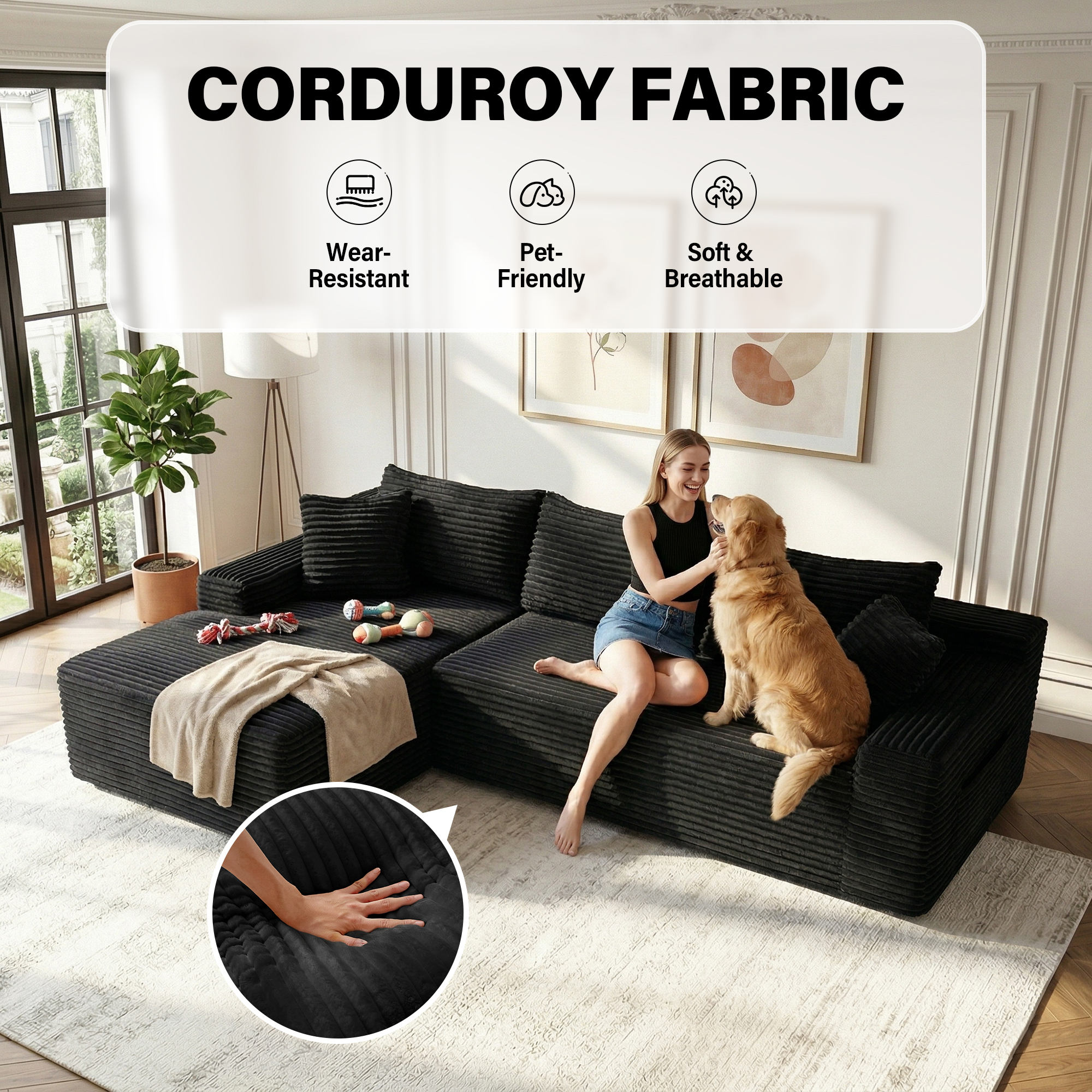 Aukfa 96" L-Shaped Cloud Sectional, Left Chaise, Black photo 5