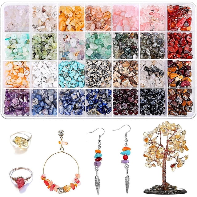 Kit para hacer joyas de cristal de 1400 piezas, cuentas de piedras preciosas de 28 colores para hacer joyas, cuentas de piedra irregulares para hacer collares, pulseras, anillos y pendientes.