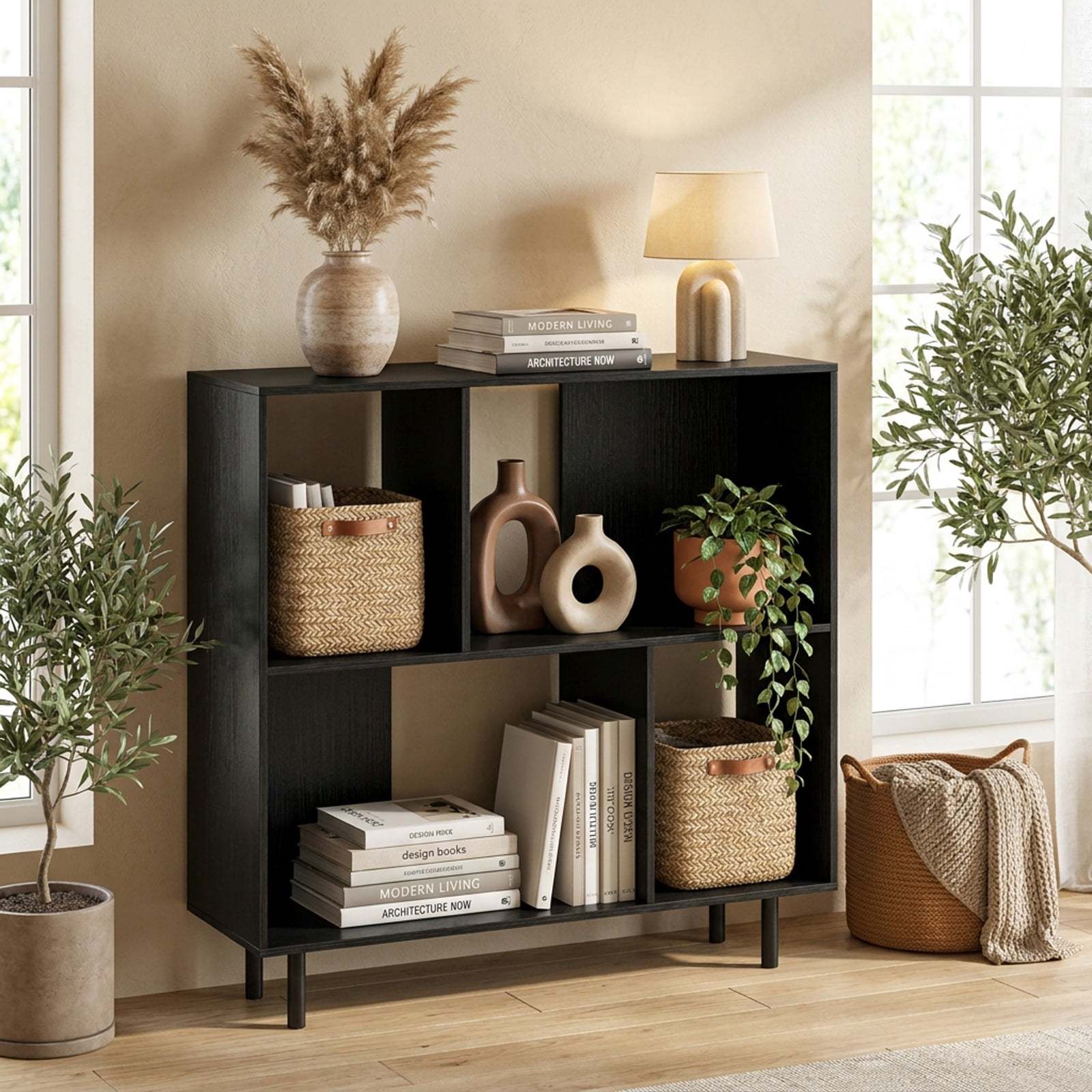 Furnibear Open Shelf Bookcase with 4 Compartments for Living Room Home Office Bedroom Display Storage Shelf, Black
