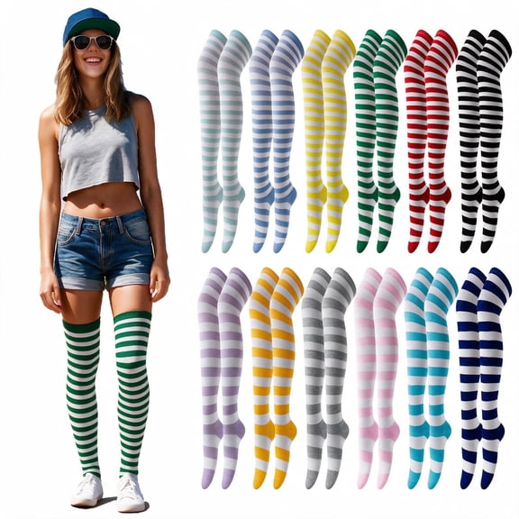 12 Pairs Thigh High Socks, Colorful Striped Soft Breathable Stay-Up for Women Girls Party