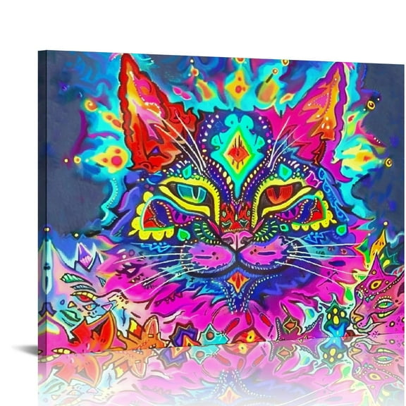 Orinice Louis Wain - Psychedelic Cat - Colorful Cats Dancing Print Vintage Painting Canvas Wall Art and Prints Wall Decor Cuadros Home Decor 20''X16'' 20x16in