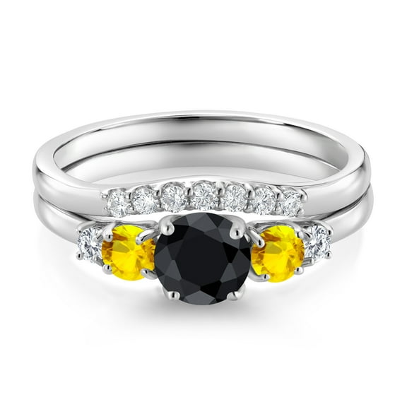 Gem Stone King 10K White Gold Black Sapphire Yellow Sapphire and White Lab Grown Diamond 5 Stone Bridal Engagement Wedding Ring Set for Women (1.07 Cttw, Round: 5MM and 3MM, Size 5)