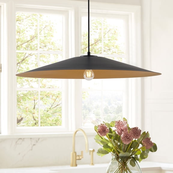 Aiwen 31.5 Inch Matte black cone Shape Oversize Pendant Light with Copper Gold Inside for Kitchen Island Living Room