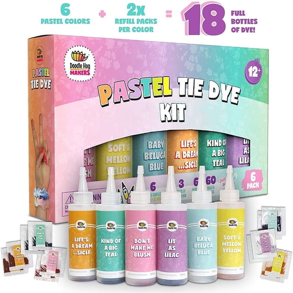 Doodle Hog Pastel Tie Dye Kit Create Colorful Custom Designs with 6 Bottles of Fabric Dye and 12 Refills