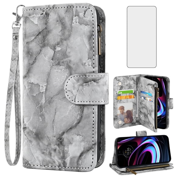 Compatible with Motorola Moto Edge 2021/MotoEdge 5G UW 2021 Wallet Phone Case and Tempered Glass Screen Protector Marble Faux Leather Flip Credit Card Holder Stand Zipper Cell Cover for XT2141-1 Grey