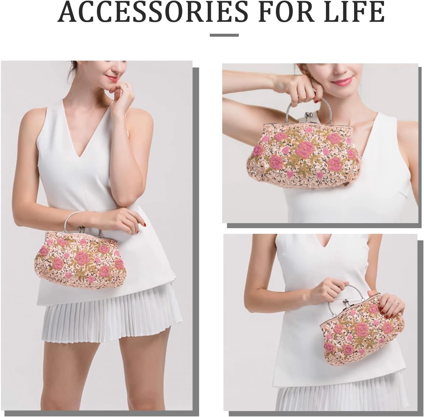 Women's Floral Beaded Embroidered Clutch Purse with Sequins and Detachable Chain - Elegant Evening Bag for Wedding Party
