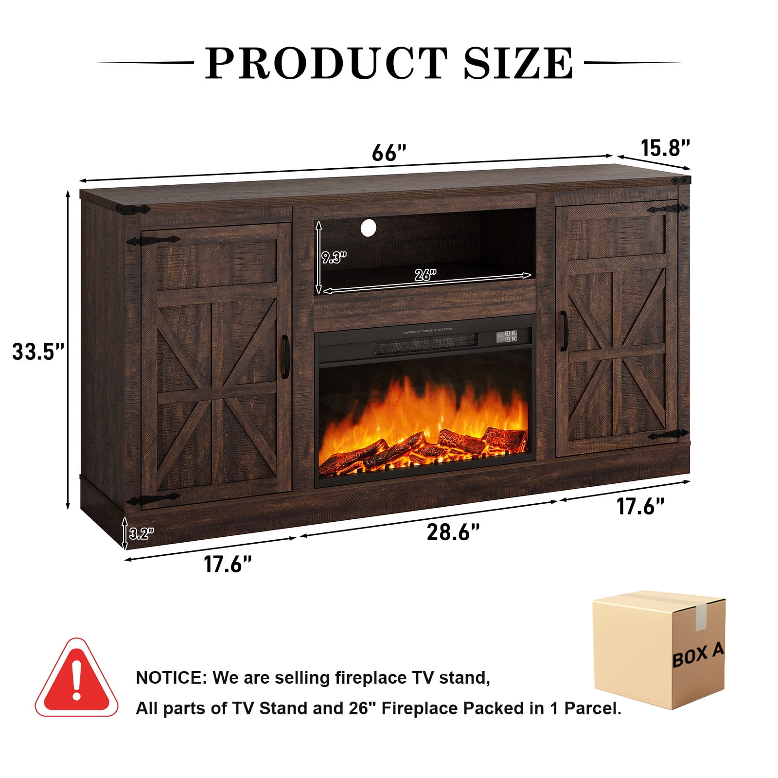 Blotout Farmhouse Fireplace TV Stand for TVs up to up 75" TVs, 66" Entertainment Center with with 26" Electric Fireplace & Adjustable Shelves for Living Room Bedroom