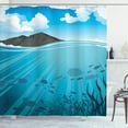 thumbnail image 1 of Coastal Shower Curtain, Silhouettes of Fishes with Sun Rays in Blue Sea and Mountains, Fabric Bathroom Set with Hooks, 69W X 84L Inches Extra Long, Turquoise Charcoal Grey and Blue, by Ambesonne, 1 of 3