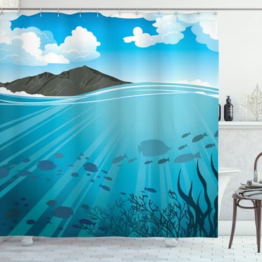 Coastal Shower Curtain, Silhouettes of Fishes with Sun Rays in Blue Sea and Mountains, Fabric Bathroom Set with Hooks, 69W X 84L Inches Extra Long, Turquoise Charcoal Grey and Blue, by Ambesonne