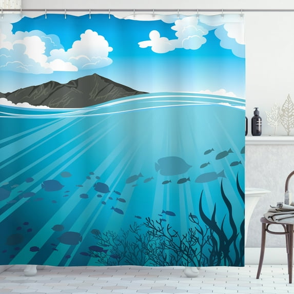 Coastal Shower Curtain, Silhouettes of Fishes with Sun Rays in Blue Sea and Mountains, Fabric Bathroom Set with Hooks, 69W X 84L Inches Extra Long, Turquoise Charcoal Grey and Blue, by Ambesonne