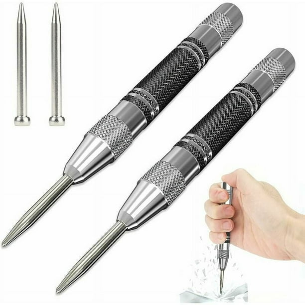 2 piezas de punzón automático, punzón central automático, punzones centrales con tensión de resorte, punzón automático de impacto ajustable, para madera, pared, metal, con 2 puntas de repuesto