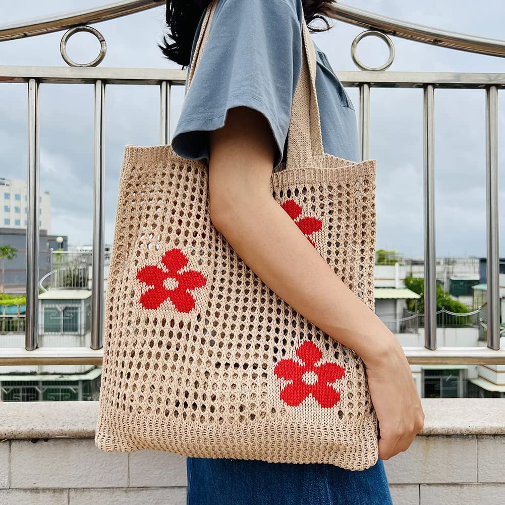 CoCopeaunt Crochet Bags for Women Knitted Tote Bag Faircore Hobo Bag Aesthetic Fairy Grunge Tote Bag Hollow Shoulder Handbags