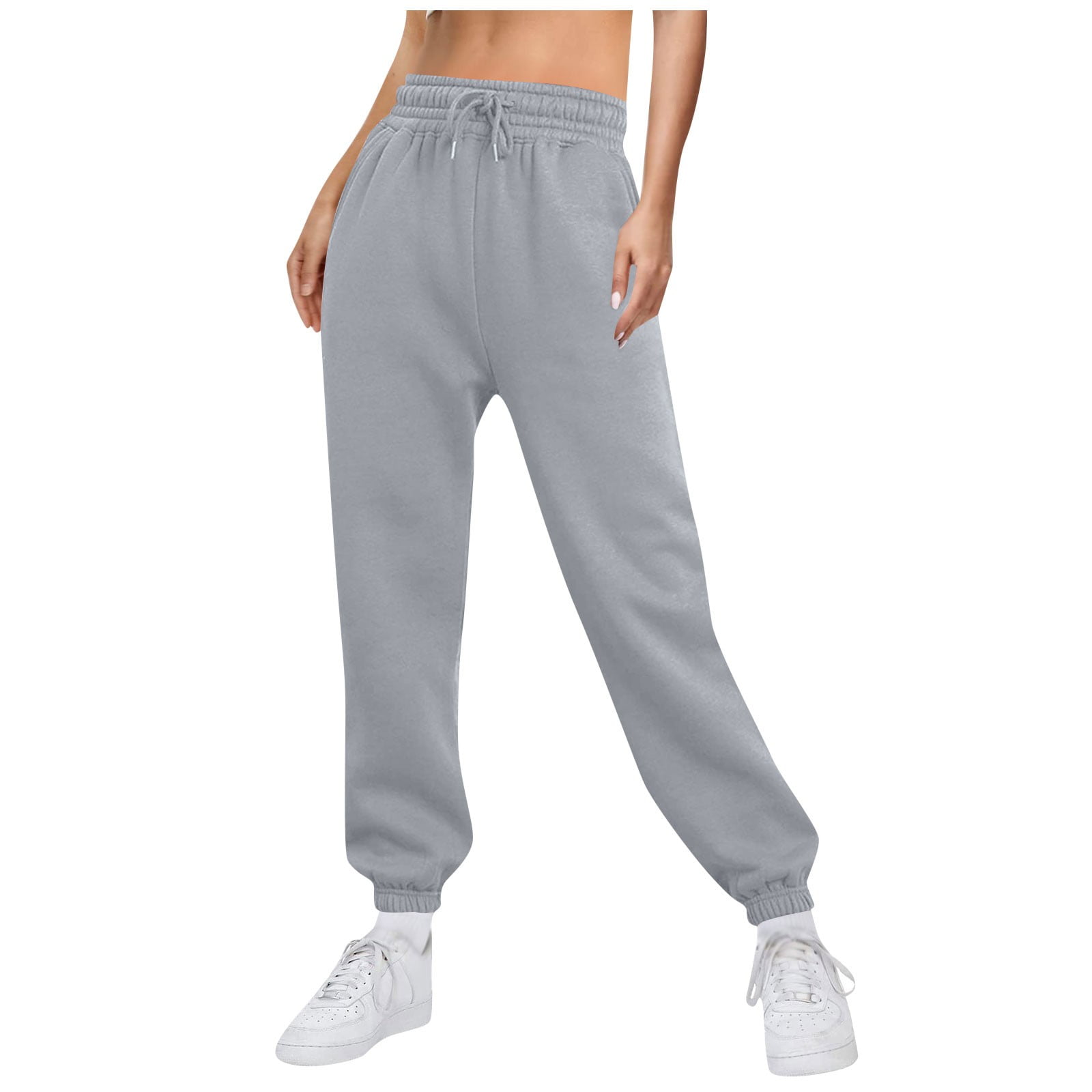  Kafiloe Women Casual Solid Jogger Pants Drawstring Elastic  Waist Stacked Sweatpant with Pocket Gray S : Clothing, Shoes & Jewelry