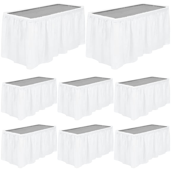 TURSTIN 8 Pack White Disposable Plastic Table Skirts 14 x 29 ft Fitted Rectangle Table Cover, Table Skirt Decor for Birthday Banquet Baby Shower Events