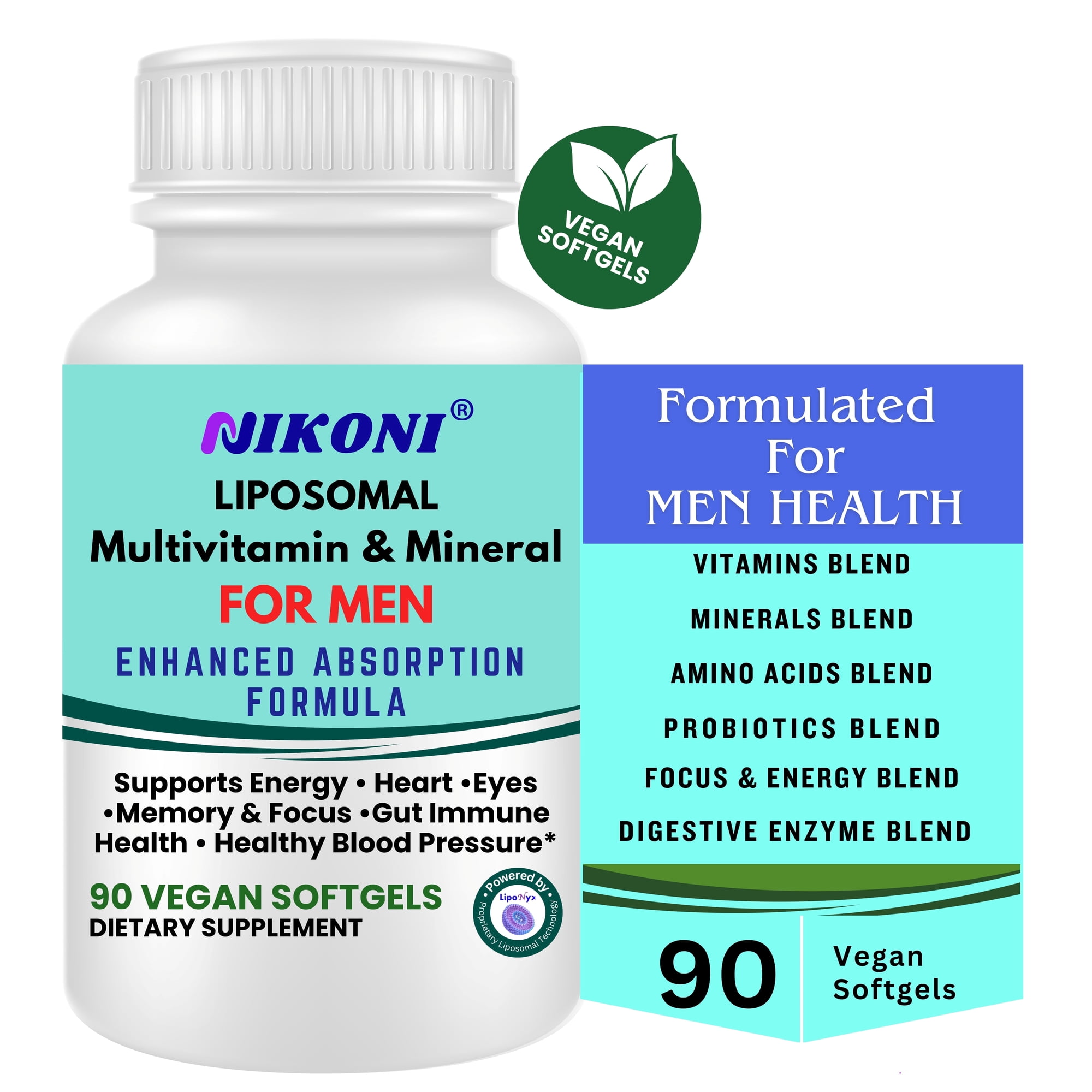 Nikoni Men's Liposomal Multivitamin and Mineral Vegan Softgels for Enhanced Absorption 90 Count