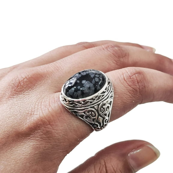 Snowflake Obsidian Mans Ring, Natural Snowflake Obsidian, Gents Ring, Silver Jewelry, 925 Silver Ring, Gift, Heavy Mens Ring, Arabic Design, Ottoman Style Ring, Christmas, Turkey Mens Signet Ring