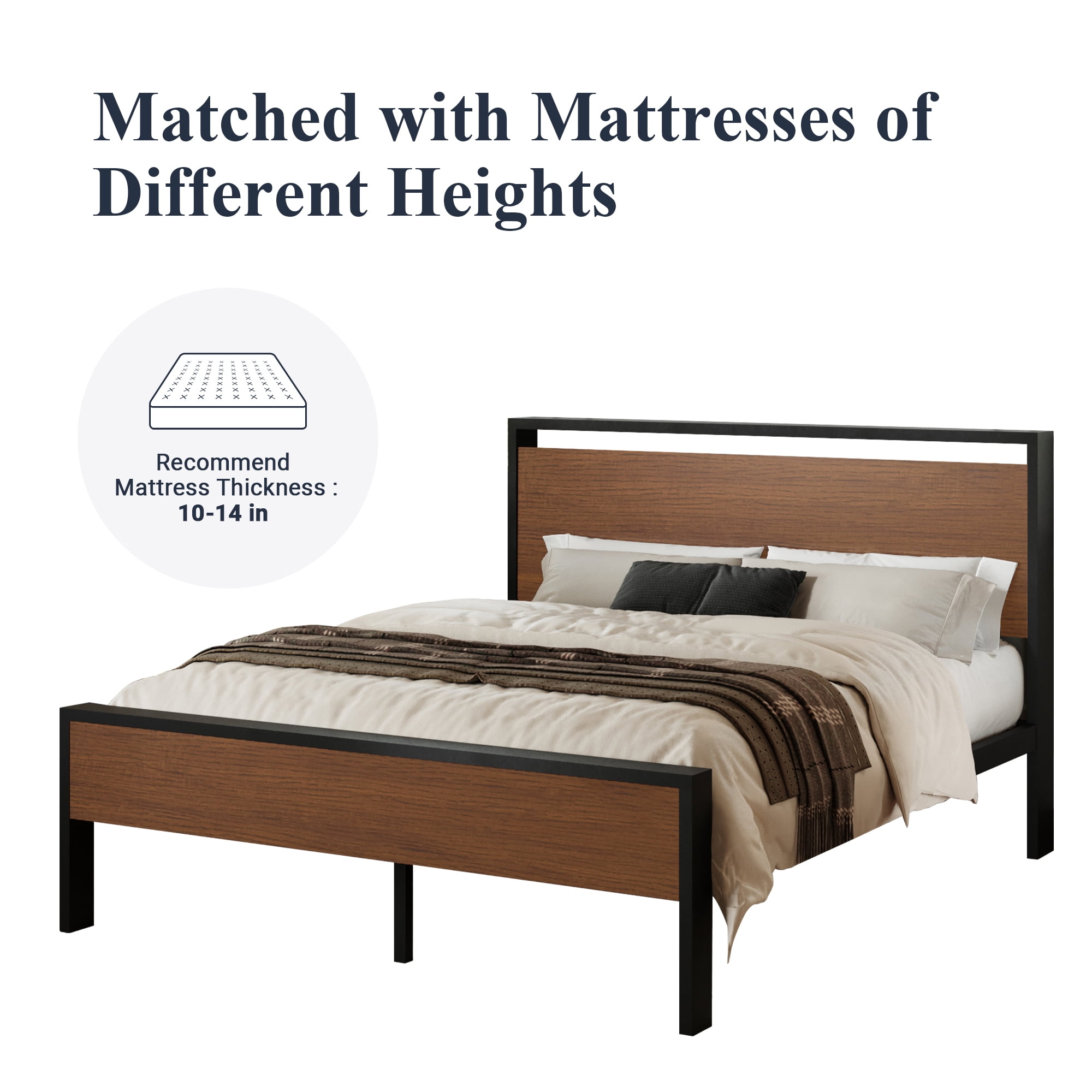 Allewie Full Size Bed Frame, Heavy Duty Metal Platform Bed with Wooden Industrial Headboard & Footboard, No Box Spring Needed, Walnut