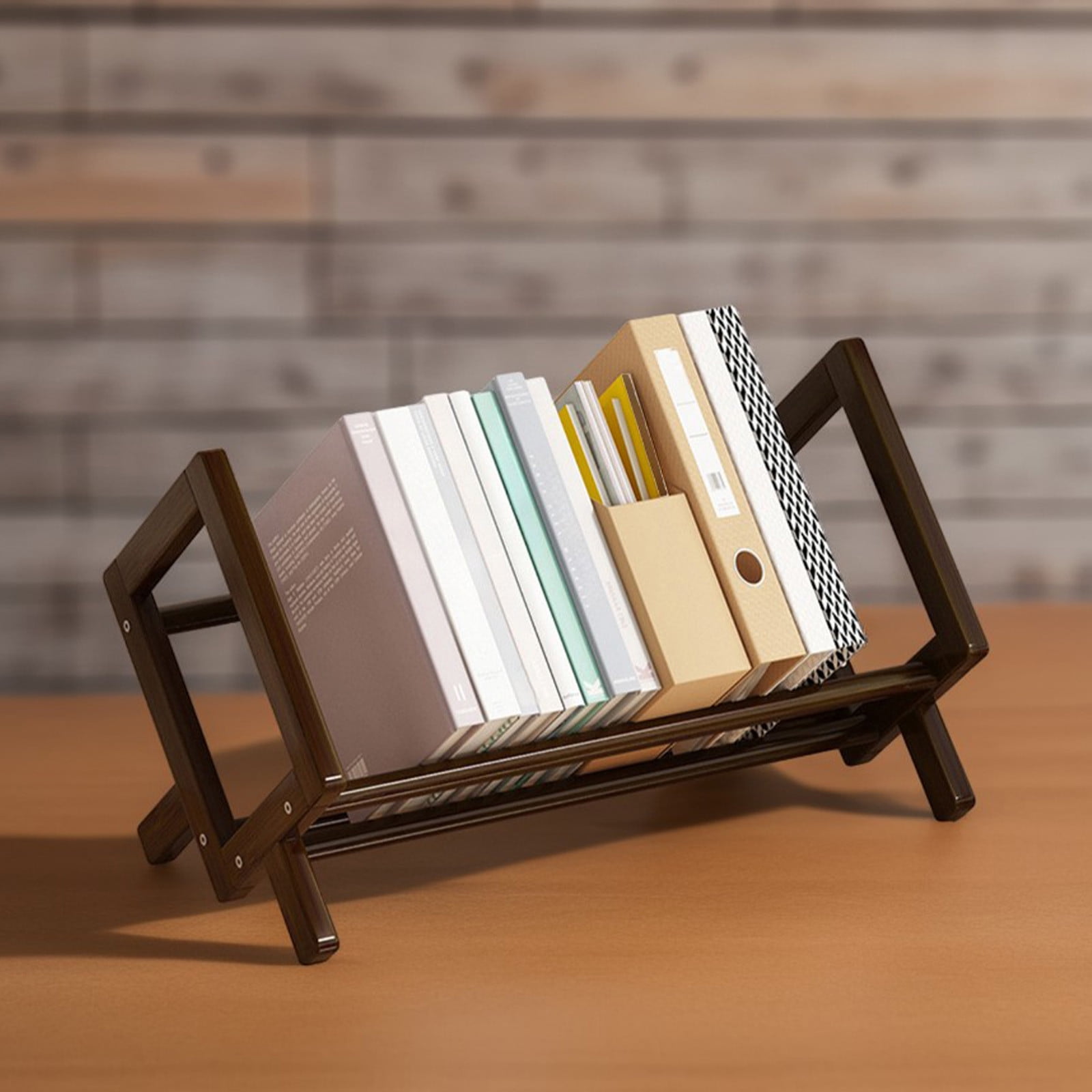 MORESEC under $5 Desktop Book Organizer, Wooden Desktop Book Rack, Office Desk Organizer Shelf, Bookend File Folder Holder, Study Table Storage Stand, Multi Tier Bookshelf Organizer