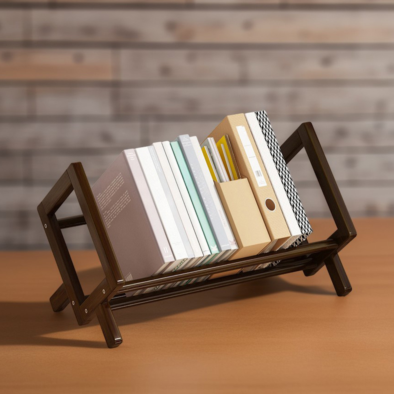 Estante para libros de escritorio de bambú retro, organizador de escritorio, estantería de mesa, soporte grande para revistas, para hogar y oficina, inclinable para revistas, libros, archivos, cartas, CDs 4