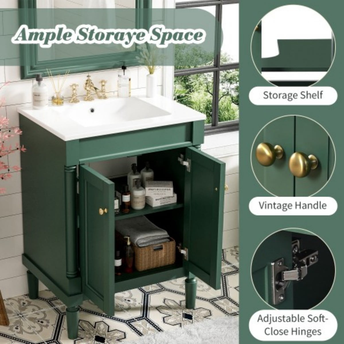24" Bathroom Vanity with Sink, Modern Bathroom Vanity Cabinet with Ceramic Top Sink, Freestanding Storage Cabinet with 2 Doors, Solid Wood Frame, Green