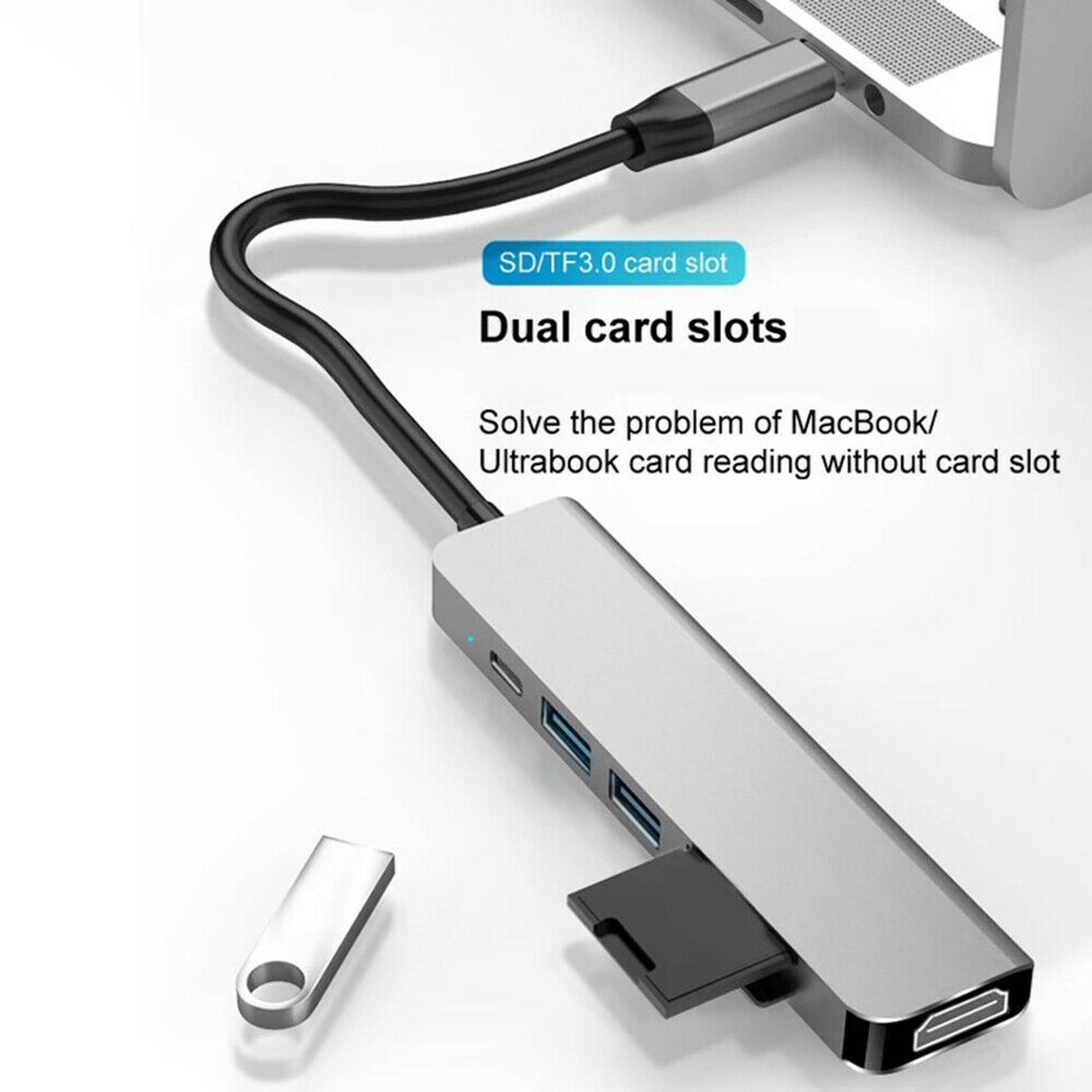 Expand Type C Laptop with 6-in-1 USB Hub 4K, Dual Card Slots, Fast USB Ports, Power Delivery