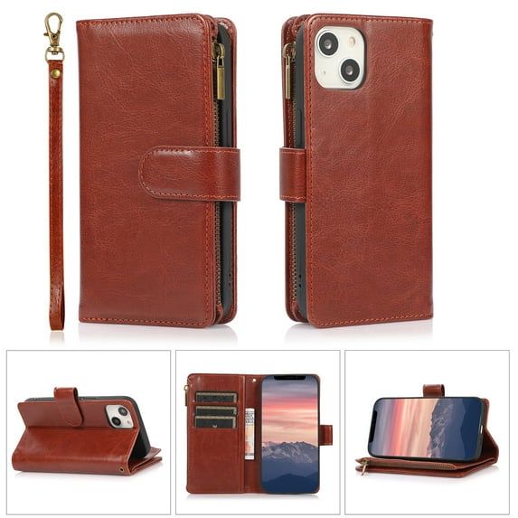 Nalacover Case for iPhone 14 Plus Zipper Wallet Case, 9 Card Slots Holder Premium PU Leather Wrist Strap Handbag Flip Cover with Kickstand Magnetic Clasp Soft TPU Anti-Drop Case,Brown