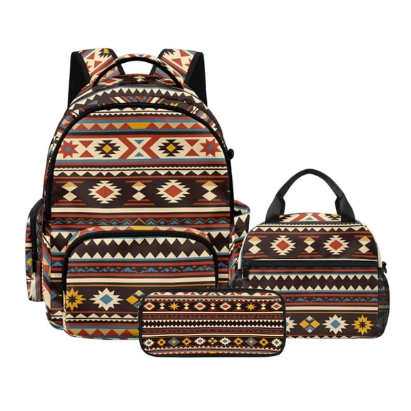 Kuiaobaty Aztec Pattern Backpack Set with Pencil Case for Boys Girls 17 Inch Backpack and Matching Lunch Bag Lightweight Bookbag and Lunch Box for School Camping