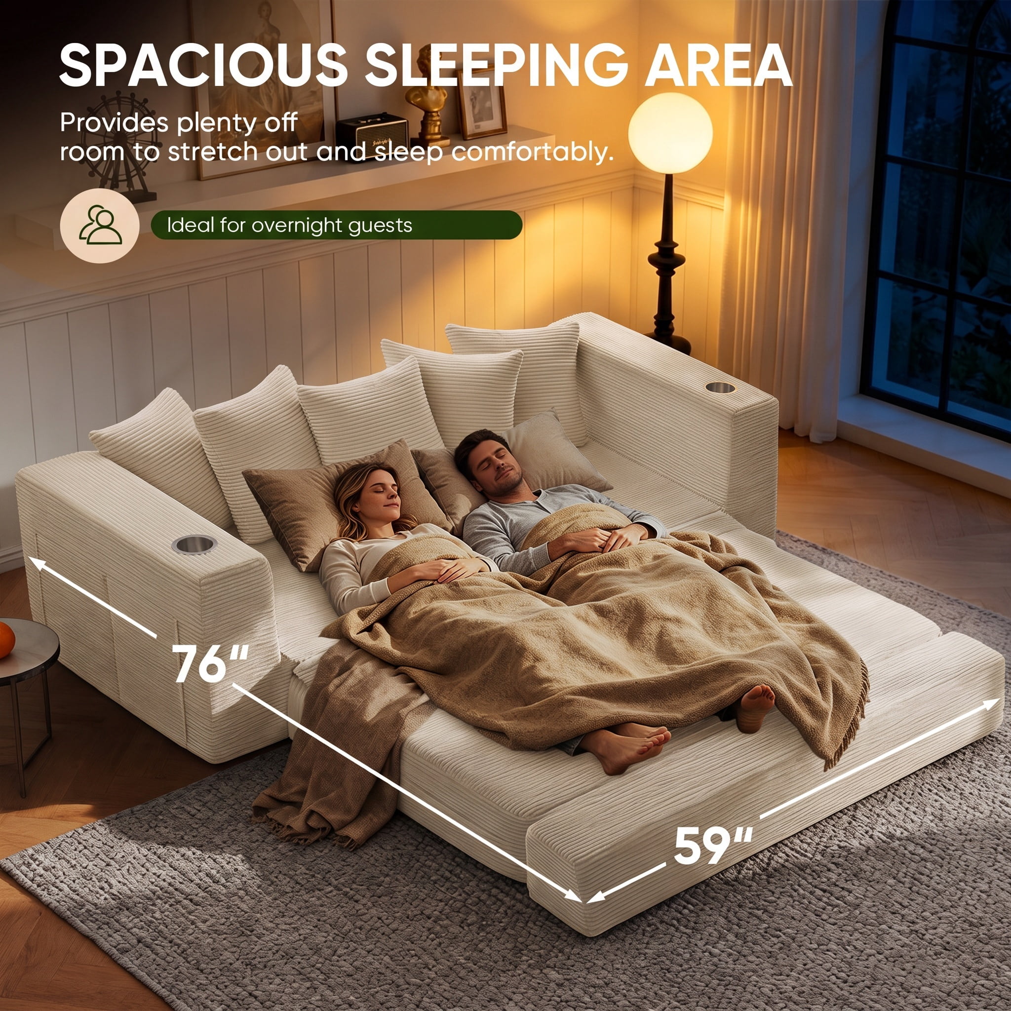 Lunale Convertible Sleeper Sofa Bed, Boneless Futon Cloud Couch, No Assembly Required, Pull Out Floor Couch Bed for Living Room, Beige Corduroy