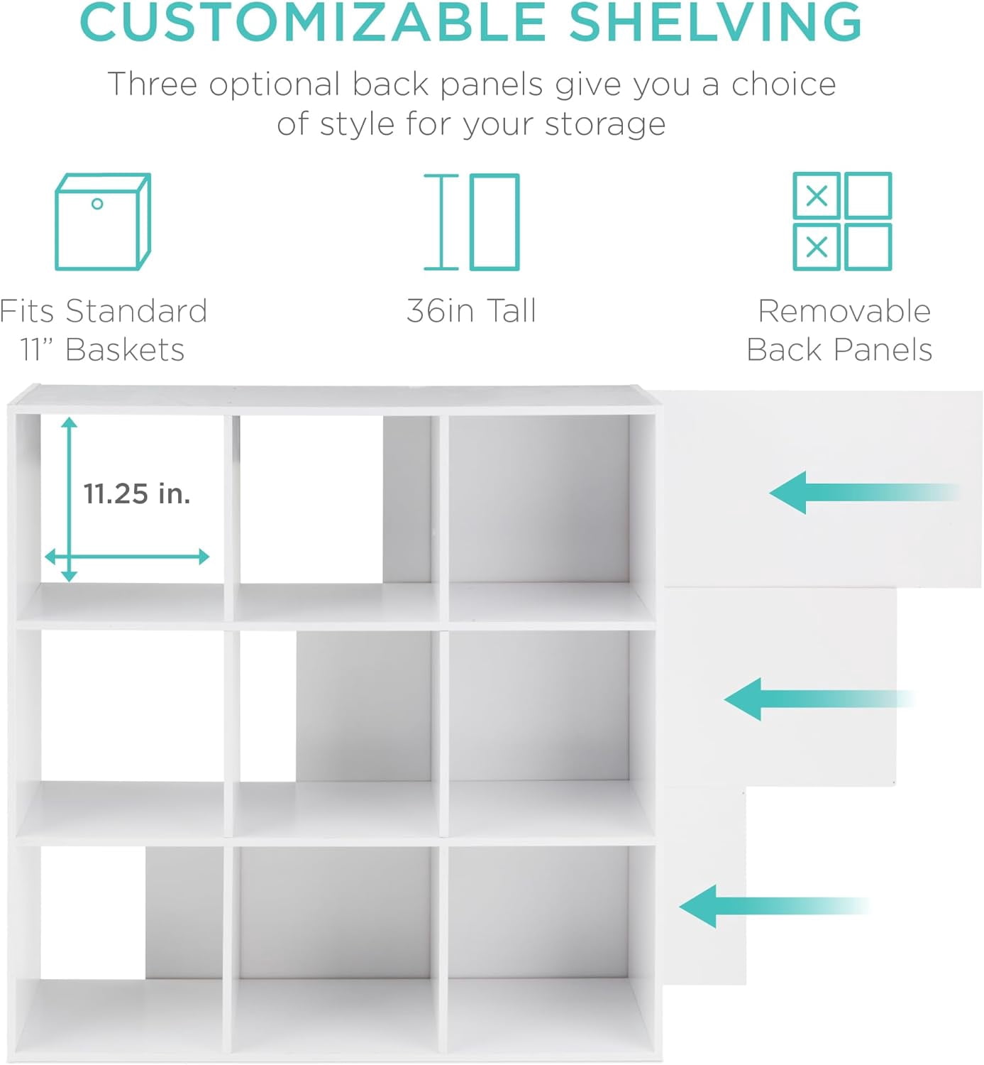 WBTER 9-Cube Storage Organizer, 11in Shelf Opening, Bookcase, Display Shelf, Customizable w/ 3 Removable Back Panels - White