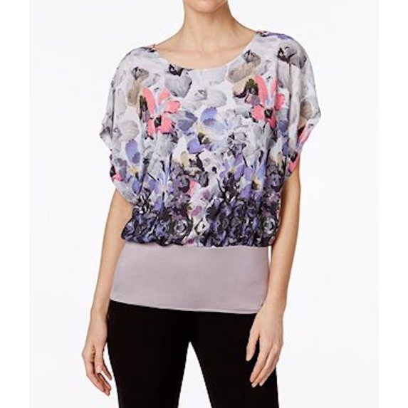 Joseph A Women Dolman-Sleeve Gray Floral Print Banded Hem Blouson Blouse Top L