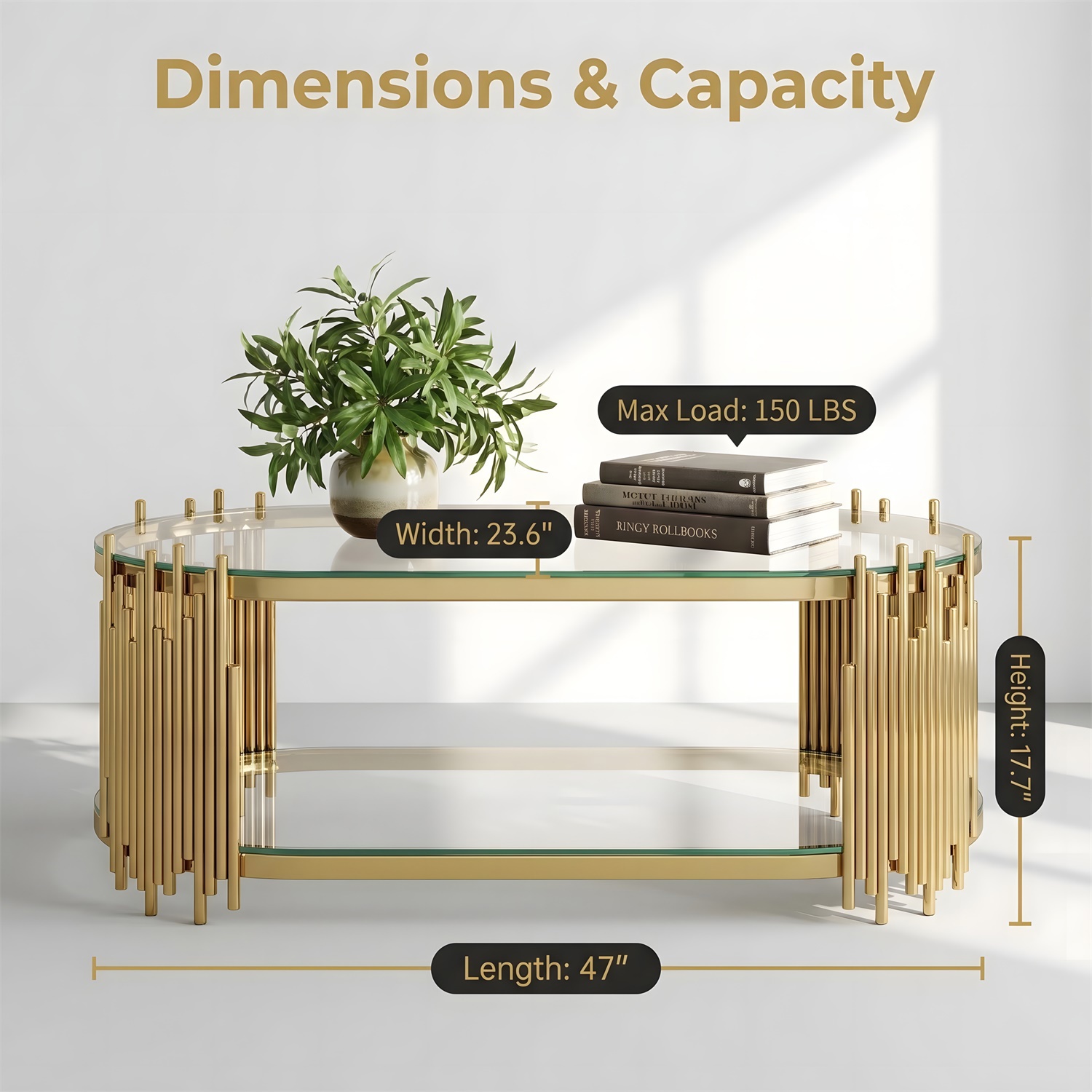 Hommoo Modern Oval Coffee Table with 2-Tier Tempered Glass Shelves, Stainless Steel Organ Pipe Base, Living Room Center Table, Gold