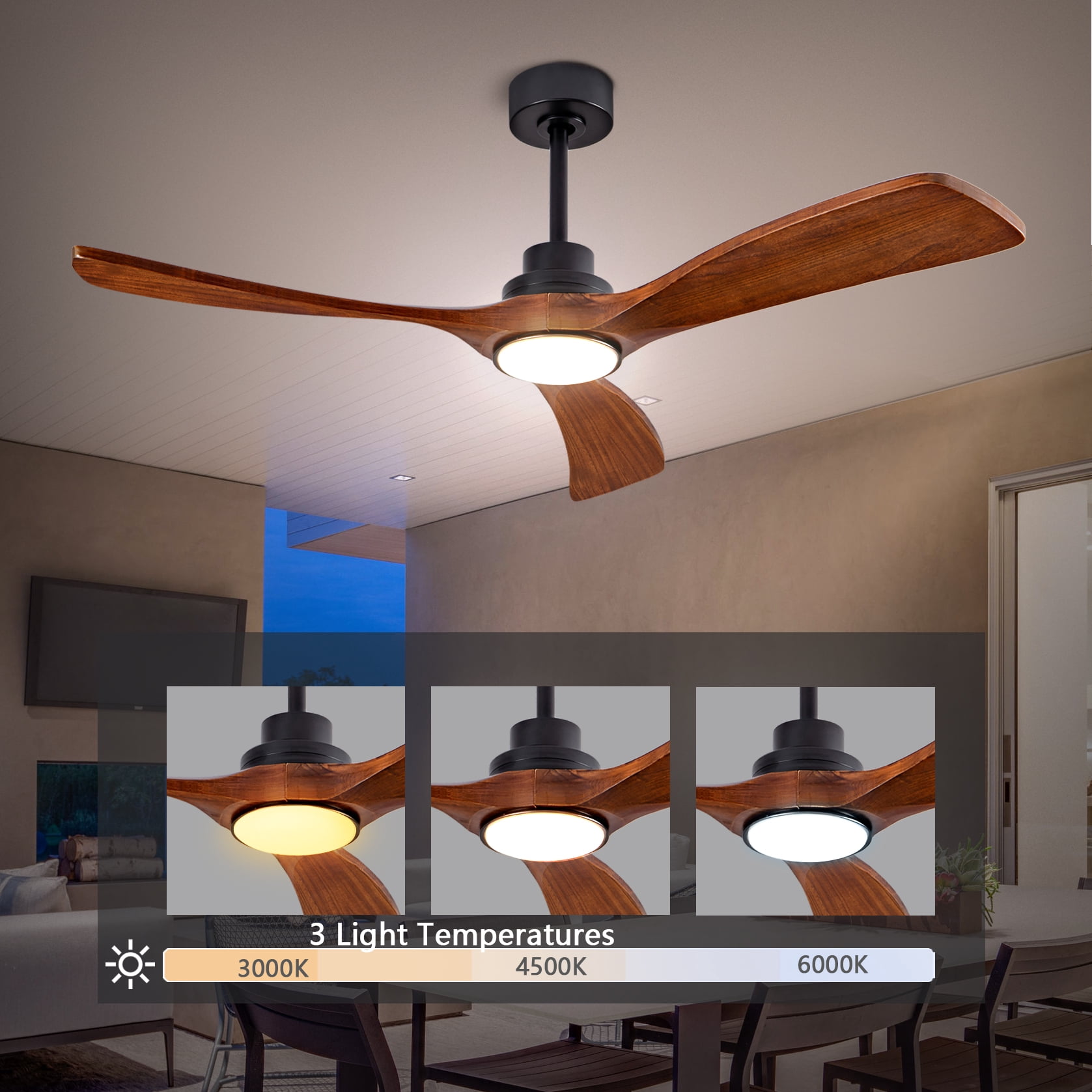 Mintazer 52 in Ceiling Fan with LED Light, Modern Ceiling Fan with Handheld Remote for Indoor Outdoor Bedroom Living Room, Walnut