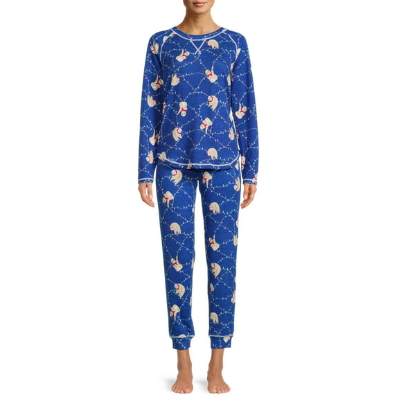 Muk Luks Women's and Women's Plus Long Sleeve Top and Pants Eye Mask, 2-Piece Pajama Set