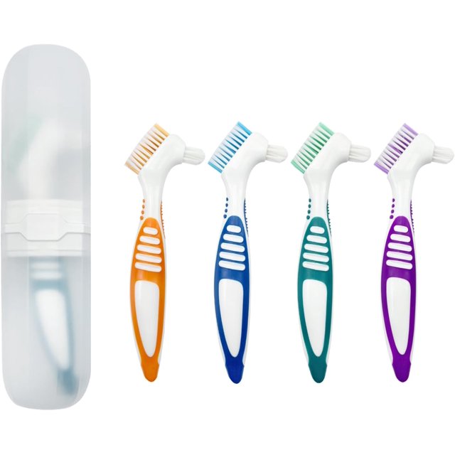 4 Pcs Denture Brush with Portable Case, Denture Brush Dual Head Hygiene Denture Cleaner Rubber Handle Reusable Touch Soft Toothbrush Cleaning Brush for False Teeth Cleaning with Carrying Case