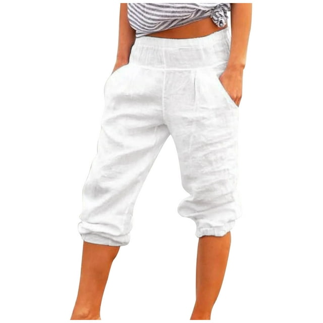 Fanxing Linen Capris for Women Stretchy Baggy Tapered Cropped Pants ...